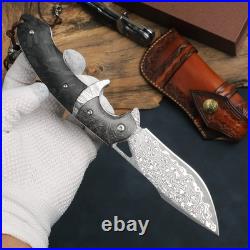 Handmade Damascus Steel Folding Knife with leather case, 3.8in VG10 steel core