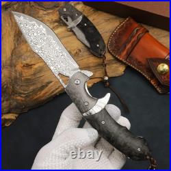 Handmade Damascus Steel Folding Knife with leather case, 3.8in VG10 steel core