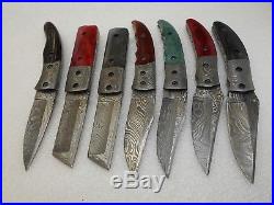 Handmade Damascus Steel Folding Knives Colored Bone Handle Lot Of 7
