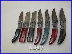 Handmade Damascus Steel Folding Knives Colored Bone Handle Lot Of 7