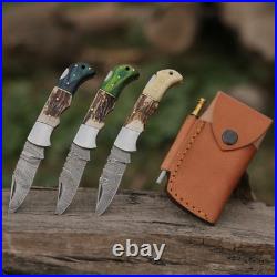 Handmade Damascus Steel Folding Knives Stag Horn & Wood Handle (15-Piece Mix)