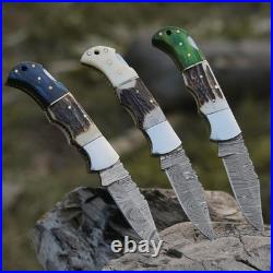 Handmade Damascus Steel Folding Knives Stag Horn & Wood Handle (15-Piece Mix)
