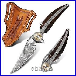 Handmade Damascus Steel Folding Pocket Knife, Feather shape 3.4in Blade Me