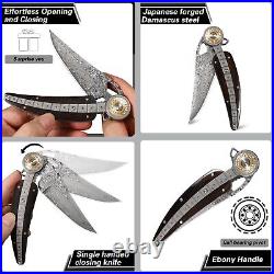 Handmade Damascus Steel Folding Pocket Knife, Feather shape 3.4in Blade Me