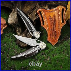 Handmade Damascus Steel Folding Pocket Knife, Feather shape 3.4in Blade Me