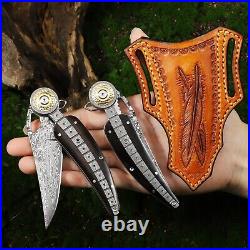 Handmade Damascus Steel Folding Pocket Knife, Feather shape 3.4in Blade Me