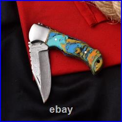 Handmade Damascus Steel Folding Pocket Knife Stone Handle & Sheath For Hunting