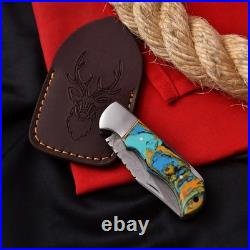 Handmade Damascus Steel Folding Pocket Knife Stone Handle & Sheath For Hunting