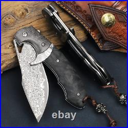 Handmade Damascus Steel Folding Pocket Knife Tool, VG10 Steel Core Blade, Outdoor