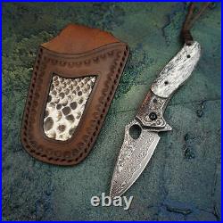 Handmade Damascus Steel Hunting Pocket Folding Edc Knife Bone Handle With Sheath