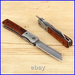 Handmade Damascus Steel Japanese Razor Pocket Folding Knife with Snake Wood H