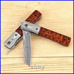 Handmade Damascus Steel Japanese Razor Pocket Folding Knife with Snake Wood H