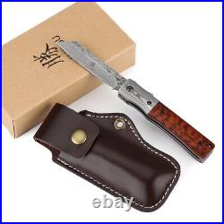 Handmade Damascus Steel Japanese Razor Pocket Folding Knife with Snake Wood H