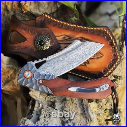 Handmade Damascus Steel Knife 3.5 Blade Outdoor Tactical Pocket Folding Sheath