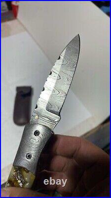 Handmade Damascus Steel LOCKBACK Folding Pocket Knife Buffalo Horn Handle