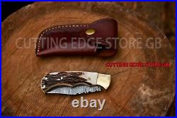 Handmade Damascus Steel Pocket Folding Knife with Stag Handle and Leather Sheath