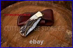 Handmade Damascus Steel Pocket Folding Knife with Stag Handle and Leather Sheath