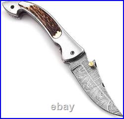 Handmade Damascus steel Pocket Knife Damascus Folding Knife with Stag Horn