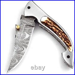 Handmade Damascus steel Pocket Knife Damascus Folding Knife with Stag Horn