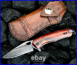 Handmade Drop Point Folding Knife Pocket Hunting Survival Damascus Steel Wood 3