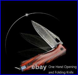 Handmade Drop Point Folding Knife Pocket Hunting Survival Damascus Steel Wood 3
