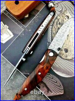 Handmade Drop Point Folding Knife Pocket Hunting Tactical Combat Damascus Steel