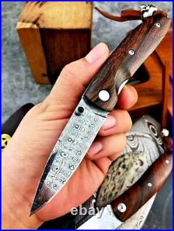 Handmade Drop Point Folding Knife Pocket Hunting Tactical Combat Damascus Steel
