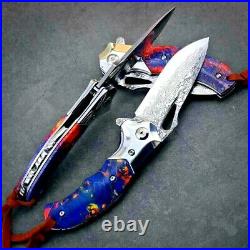 Handmade Drop Point Knife Folding Pocket Hunting Survival Damascus Steel Wood 3