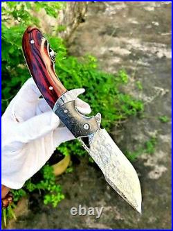 Handmade Drop Point Knife Folding Pocket Hunting Survival Damascus Steel Wood 4