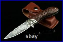 Handmade Drop Point Knife Folding Pocket Hunting Tactical Damascus Steel Wood 3