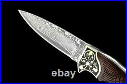 Handmade Drop Point Knife Folding Pocket Hunting Tactical Damascus Steel Wood 3