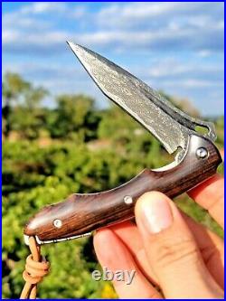 Handmade Drop Point Pocket Folding Knife Hunting Survival Damascus Steel Wood S