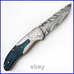 Handmade Feather Damascus Steel Liner Lock Pocket Folding Outdoor Hunting Knife