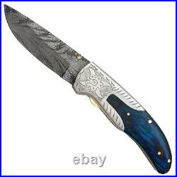 Handmade Feather Damascus Steel Liner Lock Pocket Folding Outdoor Hunting Knife