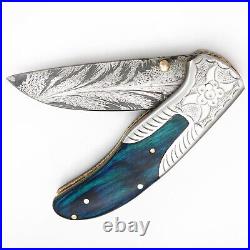 Handmade Feather Damascus Steel Liner Lock Pocket Folding Outdoor Hunting Knife