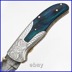 Handmade Feather Damascus Steel Liner Lock Pocket Folding Outdoor Hunting Knife