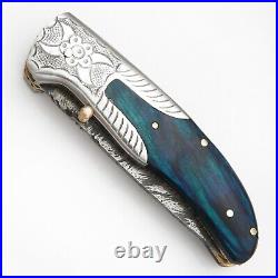 Handmade Feather Damascus Steel Liner Lock Pocket Folding Outdoor Hunting Knife