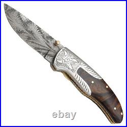 Handmade Feather Damascus Steel Liner Lock Pocket Folding Outdoor Hunting knife