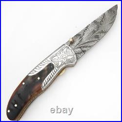 Handmade Feather Damascus Steel Liner Lock Pocket Folding Outdoor Hunting knife