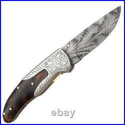 Handmade Feather Damascus Steel Liner Lock Pocket Folding Outdoor Hunting knife