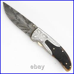 Handmade Feather Damascus Steel Liner Lock Pocket Folding Outdoor Hunting knife