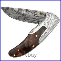 Handmade Feather Damascus Steel Liner Lock Pocket Folding Outdoor Hunting knife