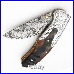 Handmade Feather Damascus Steel Liner Lock Pocket Folding Outdoor Hunting knife