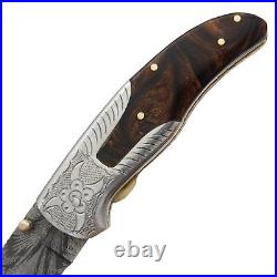 Handmade Feather Damascus Steel Liner Lock Pocket Folding Outdoor Hunting knife