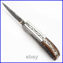 Handmade Feather Damascus Steel Liner Lock Pocket Folding Outdoor Hunting knife