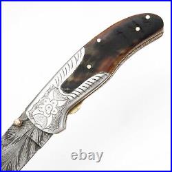 Handmade Feather Damascus Steel Liner Lock Pocket Folding Outdoor Hunting knife