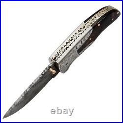 Handmade Feather Damascus Steel Liner Lock Pocket Folding Outdoor Hunting knife