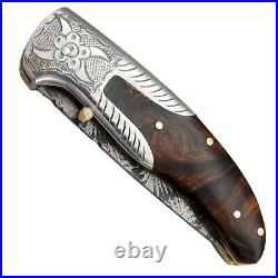 Handmade Feather Damascus Steel Liner Lock Pocket Folding Outdoor Hunting knife