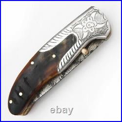 Handmade Feather Damascus Steel Liner Lock Pocket Folding Outdoor Hunting knife