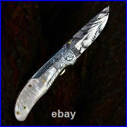 Handmade Feather Damascus steel Liner Lock pocket Folding Outdoor Hunting knife